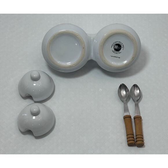 VTG Houston Harvest Ceramic Double Condiment/Jelly Bowls, White W/ Fruit Design - Picture 6 of 10